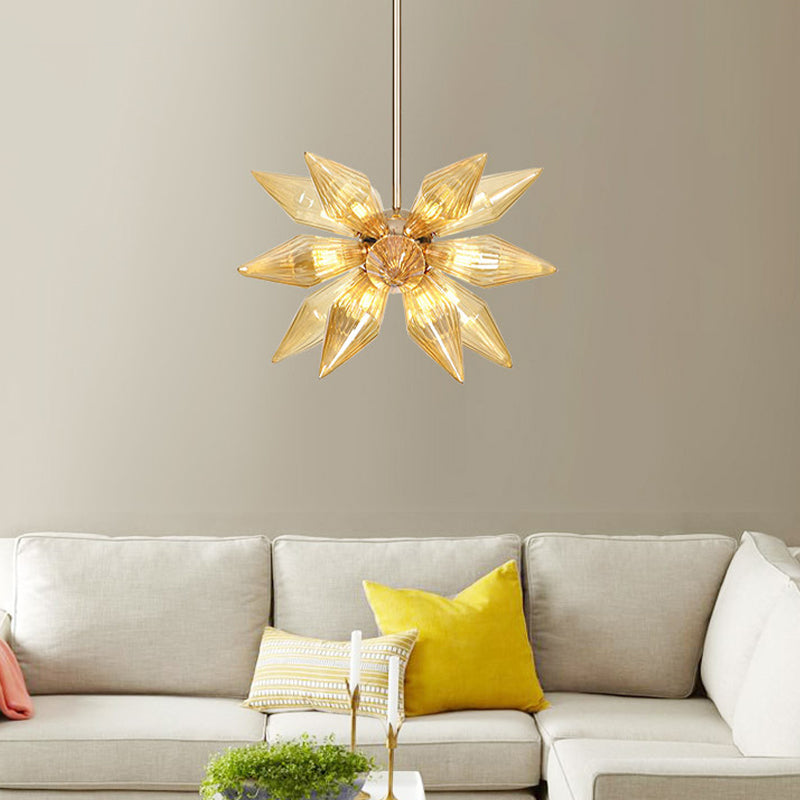 Diamond Clear/Amber Glass Chandelier Industrial 9/12/15 Heads Kitchen Pendant Lighting Fixture in Chrome/Gold 18 Gold Amber Clearhalo 'Ceiling Lights' 'Chandeliers' 'Close To Ceiling Lights' 'Glass shade' 'Glass' 'Industrial Chandeliers' 'Industrial' 'Middle Century Chandeliers' 'Tiffany' Lighting' 1423455