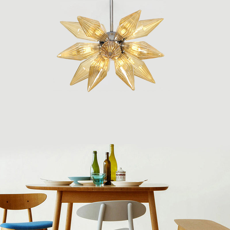 Diamond Clear/Amber Glass Chandelier Industrial 9/12/15 Heads Kitchen Pendant Lighting Fixture in Chrome/Gold Chrome Amber Clearhalo 'Ceiling Lights' 'Chandeliers' 'Close To Ceiling Lights' 'Glass shade' 'Glass' 'Industrial Chandeliers' 'Industrial' 'Middle Century Chandeliers' 'Tiffany' Lighting' 1423463