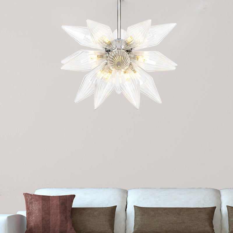 Diamond Clear/Amber Glass Chandelier Industrial 9/12/15 Heads Kitchen Pendant Lighting Fixture in Chrome/Gold 18 Chrome Clear Clearhalo 'Ceiling Lights' 'Chandeliers' 'Close To Ceiling Lights' 'Glass shade' 'Glass' 'Industrial Chandeliers' 'Industrial' 'Middle Century Chandeliers' 'Tiffany' Lighting' 1423467