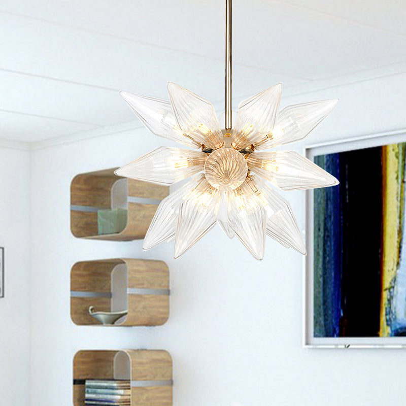Diamond Clear/Amber Glass Chandelier Industrial 9/12/15 Heads Kitchen Pendant Lighting Fixture in Chrome/Gold 21 Gold Clear Clearhalo 'Ceiling Lights' 'Chandeliers' 'Close To Ceiling Lights' 'Glass shade' 'Glass' 'Industrial Chandeliers' 'Industrial' 'Middle Century Chandeliers' 'Tiffany' Lighting' 1423471