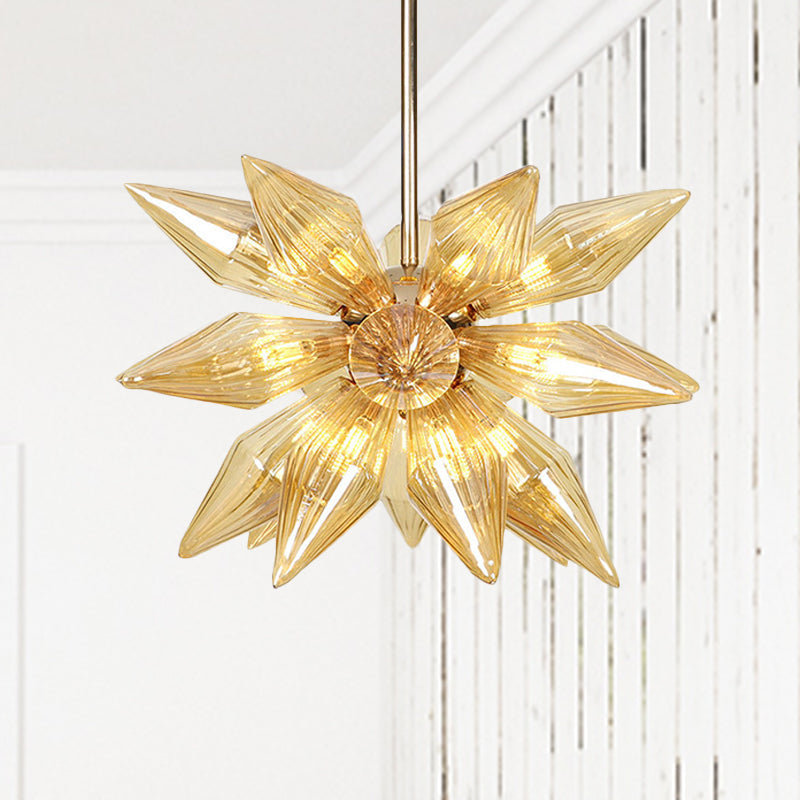 Diamond Clear/Amber Glass Chandelier Industrial 9/12/15 Heads Kitchen Pendant Lighting Fixture in Chrome/Gold Clearhalo 'Ceiling Lights' 'Chandeliers' 'Close To Ceiling Lights' 'Glass shade' 'Glass' 'Industrial Chandeliers' 'Industrial' 'Middle Century Chandeliers' 'Tiffany' Lighting' 1423474