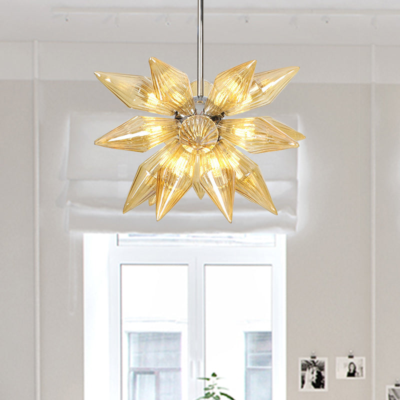 Diamond Clear/Amber Glass Chandelier Industrial 9/12/15 Heads Kitchen Pendant Lighting Fixture in Chrome/Gold Clearhalo 'Ceiling Lights' 'Chandeliers' 'Close To Ceiling Lights' 'Glass shade' 'Glass' 'Industrial Chandeliers' 'Industrial' 'Middle Century Chandeliers' 'Tiffany' Lighting' 1423483