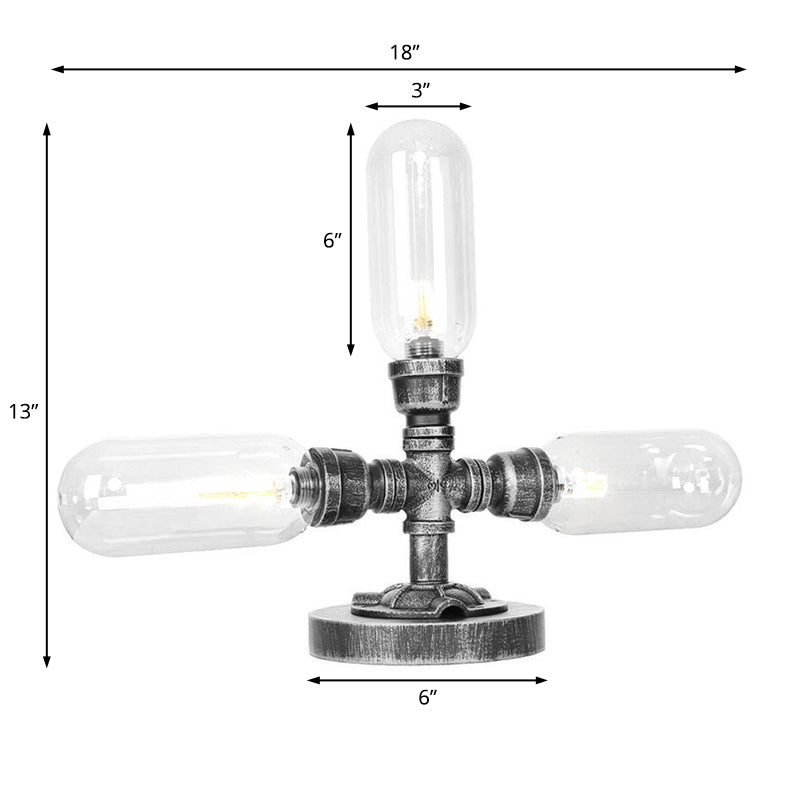 Capsule Clear/Amber Glass Night Light Farmhouse 2/3 Heads Tearoom LED Table Lamp with Pipe Base Clearhalo 'Lamps' 'Table Lamps' Lighting' 1423816