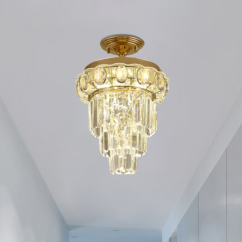 Taper Corridor Ceiling Lamp Modern Clear Crystal Blocks Gold Finish LED Semi Mount Lighting Clear A Clearhalo 'Ceiling Lights' 'Close To Ceiling Lights' 'Close to ceiling' 'Semi-flushmount' Lighting' 1423898