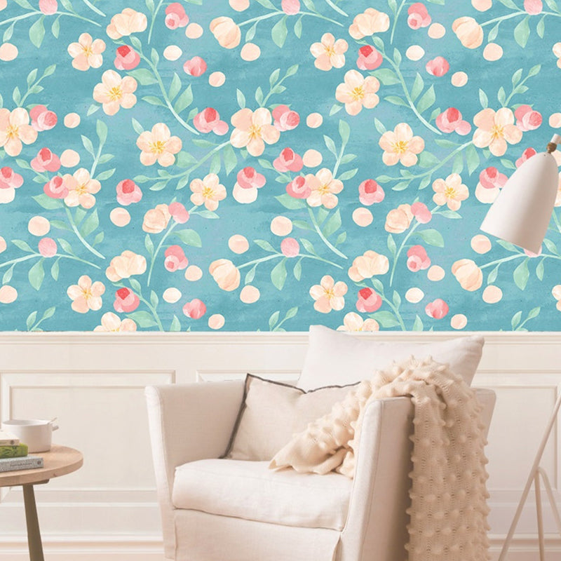 Blue Flower Branch Adhesive Wallpapers Easy Peel Off Wall Covering for Kitchen, 34.2-sq ft Blue Clearhalo 'Country wall decor' 'Rustic' 'Wallpaper' Wall Decor' 1424261