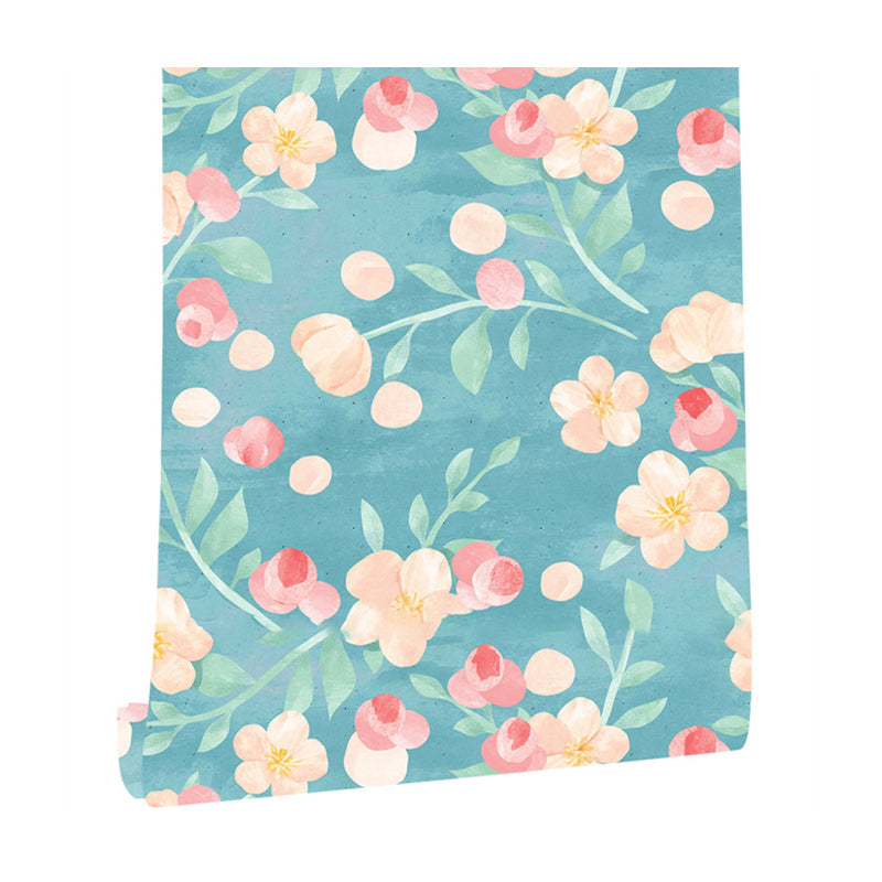 Blue Flower Branch Adhesive Wallpapers Easy Peel Off Wall Covering for Kitchen, 34.2-sq ft Clearhalo 'Country wall decor' 'Rustic' 'Wallpaper' Wall Decor' 1424263