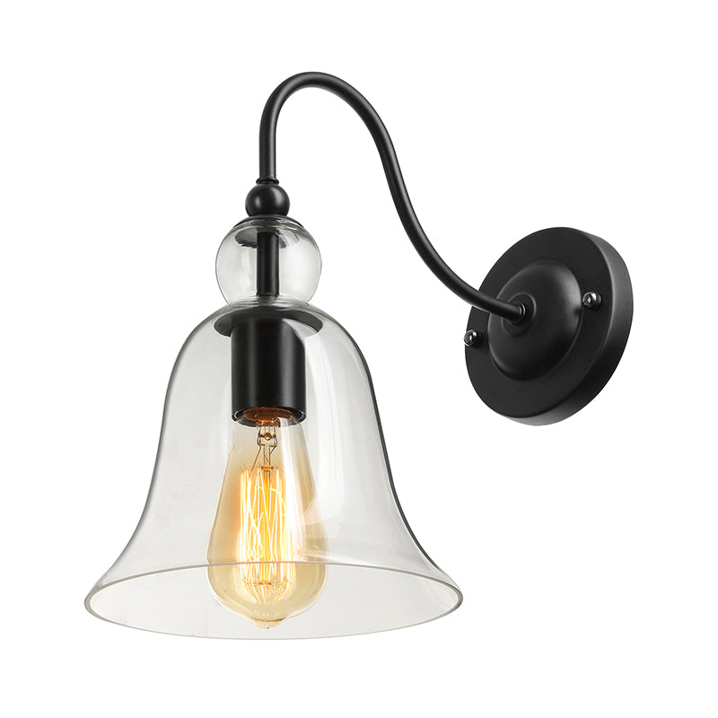 Bell Bedroom Wall Light Fixture Industrial Clear/Green/Smoked Glass 1 Light Black Sconce Lamp with Gooseneck Arm Clearhalo 'Art deco wall lights' 'Cast Iron' 'Glass' 'Industrial wall lights' 'Industrial' 'Middle century wall lights' 'Modern' 'Rustic wall lights' 'Tiffany' 'Traditional wall lights' 'Wall Lamps & Sconces' 'Wall Lights' Lighting' 142428