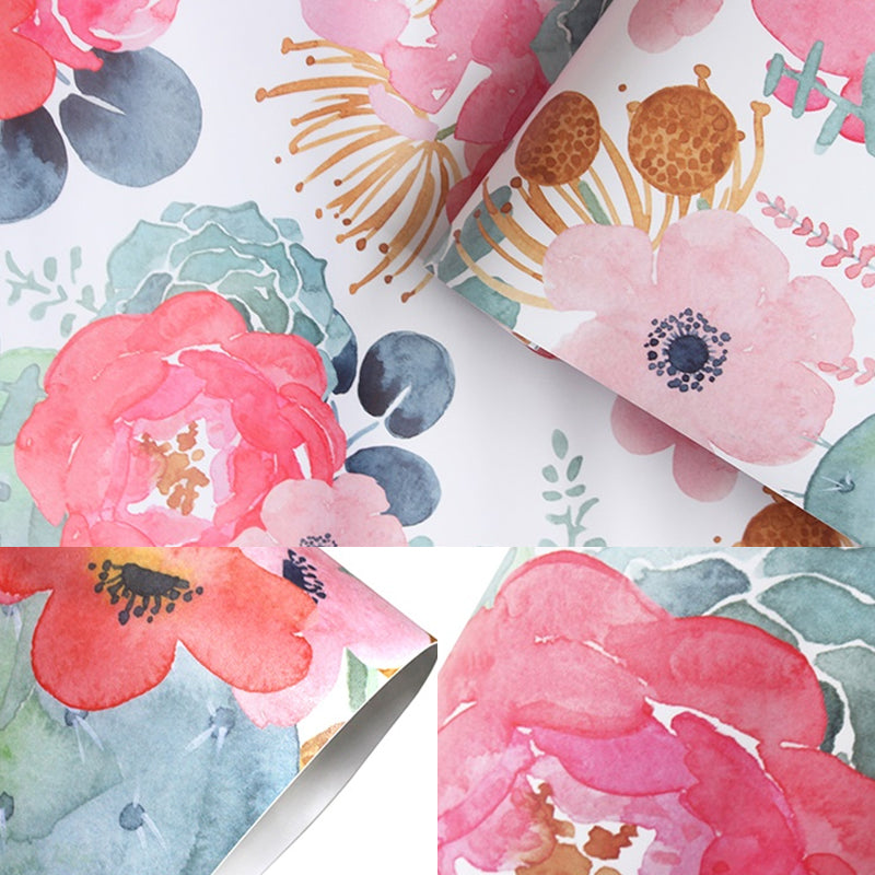 Rural Watercolor Peony Wallpapers PVC Temporary Peel and Stick Multicolored Wall Covering for Home Clearhalo 'Country wall decor' 'Rustic' 'Wallpaper' Wall Decor' 1424288