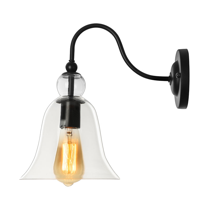 Bell Bedroom Wall Light Fixture Industrial Clear/Green/Smoked Glass 1 Light Black Sconce Lamp with Gooseneck Arm Clearhalo 'Art deco wall lights' 'Cast Iron' 'Glass' 'Industrial wall lights' 'Industrial' 'Middle century wall lights' 'Modern' 'Rustic wall lights' 'Tiffany' 'Traditional wall lights' 'Wall Lamps & Sconces' 'Wall Lights' Lighting' 142429
