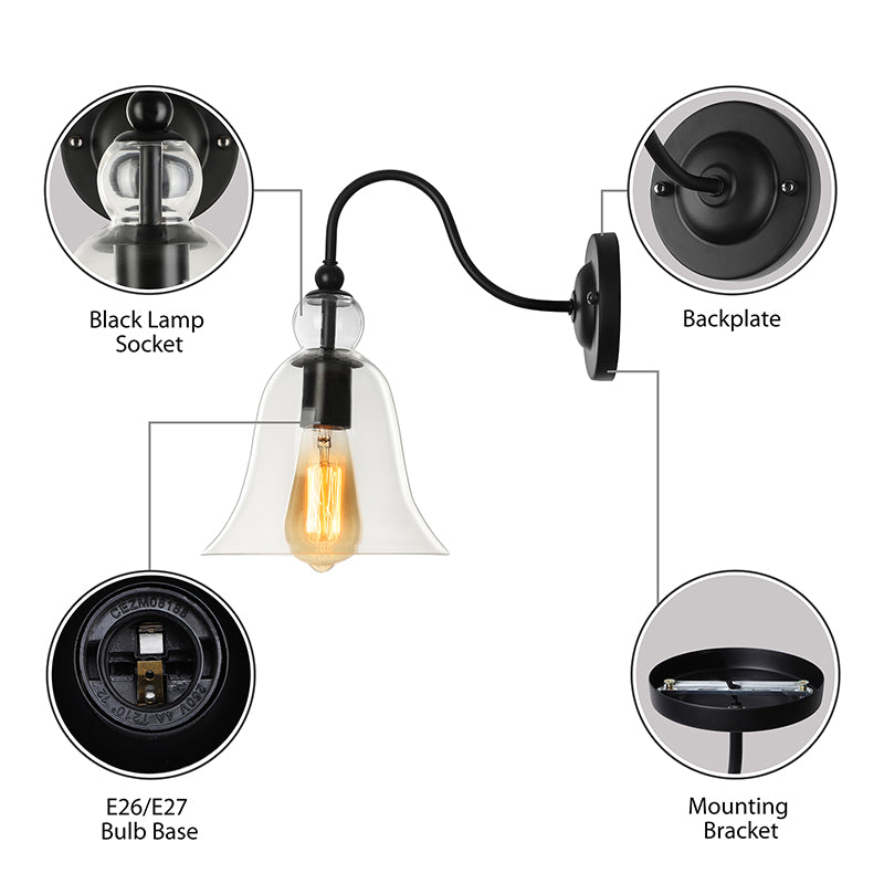 Bell Bedroom Wall Light Fixture Industrial Clear/Green/Smoked Glass 1 Light Black Sconce Lamp with Gooseneck Arm Clearhalo 'Art deco wall lights' 'Cast Iron' 'Glass' 'Industrial wall lights' 'Industrial' 'Middle century wall lights' 'Modern' 'Rustic wall lights' 'Tiffany' 'Traditional wall lights' 'Wall Lamps & Sconces' 'Wall Lights' Lighting' 142431