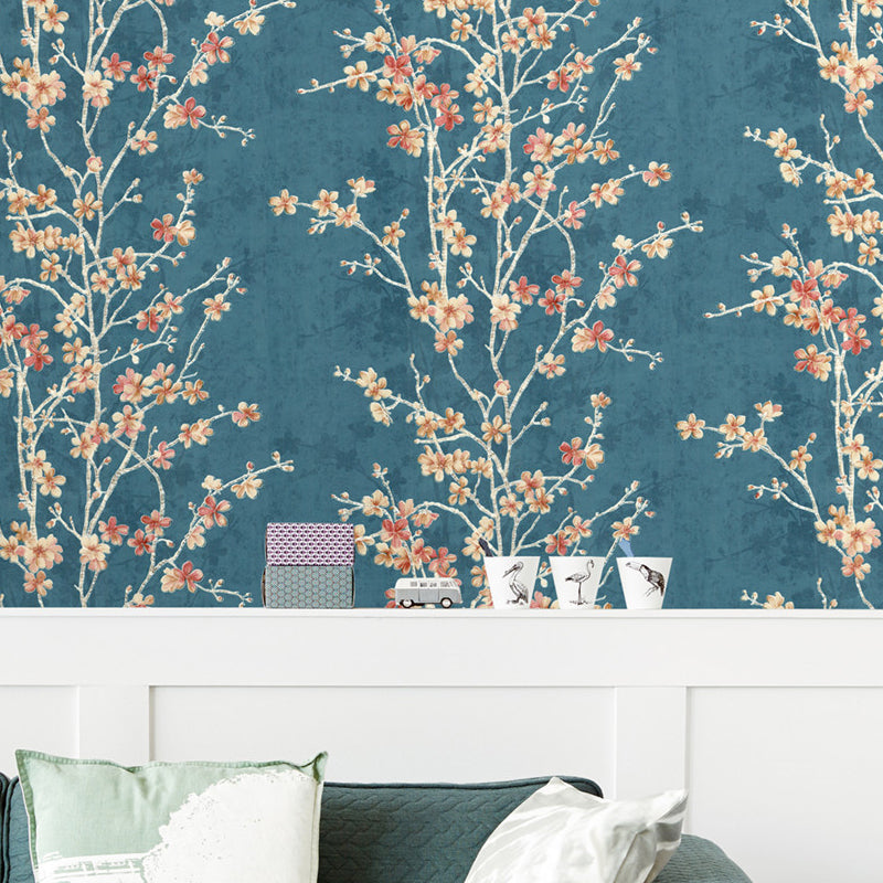 Romantic Cherry Blossom Wallpaper Roll for Accent Wall, Beige-Blue, 33' L x 20.5" W Blue Clearhalo 'Country wall decor' 'Rustic' 'Wallpaper' Wall Decor' 1424325