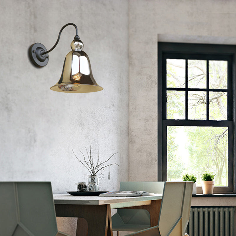 Bell Bedroom Wall Light Fixture Industrial Clear/Green/Smoked Glass 1 Light Black Sconce Lamp with Gooseneck Arm Silver Clearhalo 'Art deco wall lights' 'Cast Iron' 'Glass' 'Industrial wall lights' 'Industrial' 'Middle century wall lights' 'Modern' 'Rustic wall lights' 'Tiffany' 'Traditional wall lights' 'Wall Lamps & Sconces' 'Wall Lights' Lighting' 142433