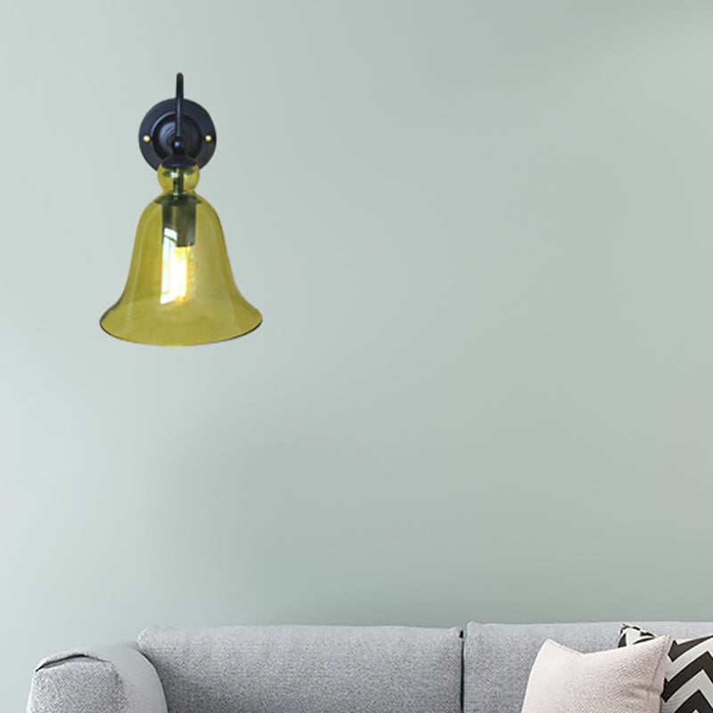 Bell Bedroom Wall Light Fixture Industrial Clear/Green/Smoked Glass 1 Light Black Sconce Lamp with Gooseneck Arm Green Clearhalo 'Art deco wall lights' 'Cast Iron' 'Glass' 'Industrial wall lights' 'Industrial' 'Middle century wall lights' 'Modern' 'Rustic wall lights' 'Tiffany' 'Traditional wall lights' 'Wall Lamps & Sconces' 'Wall Lights' Lighting' 142435