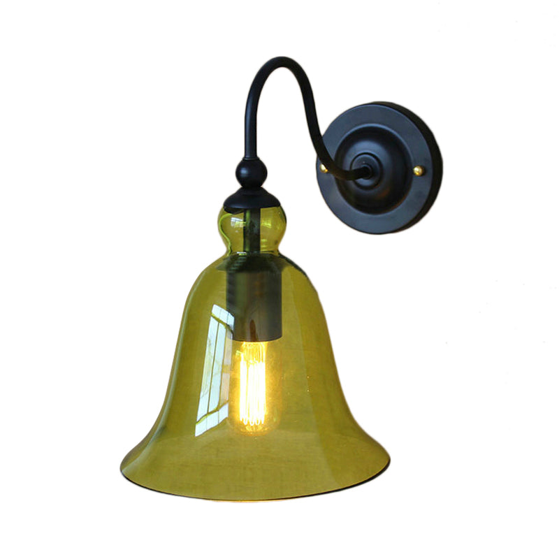 Bell Bedroom Wall Light Fixture Industrial Clear/Green/Smoked Glass 1 Light Black Sconce Lamp with Gooseneck Arm Clearhalo 'Art deco wall lights' 'Cast Iron' 'Glass' 'Industrial wall lights' 'Industrial' 'Middle century wall lights' 'Modern' 'Rustic wall lights' 'Tiffany' 'Traditional wall lights' 'Wall Lamps & Sconces' 'Wall Lights' Lighting' 142436