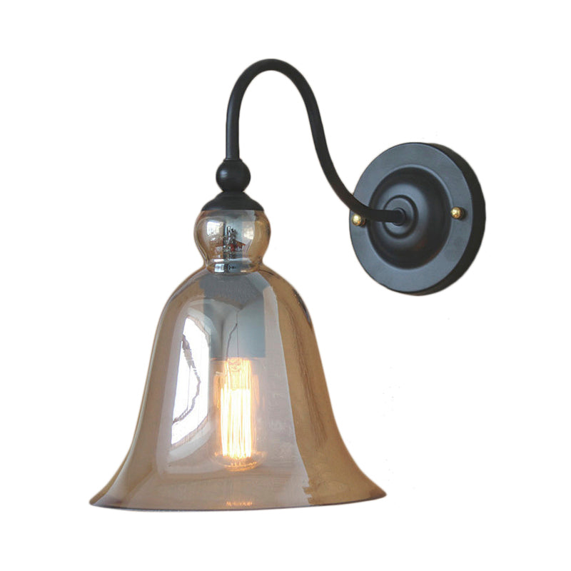 Bell Bedroom Wall Light Fixture Industrial Clear/Green/Smoked Glass 1 Light Black Sconce Lamp with Gooseneck Arm Clearhalo 'Art deco wall lights' 'Cast Iron' 'Glass' 'Industrial wall lights' 'Industrial' 'Middle century wall lights' 'Modern' 'Rustic wall lights' 'Tiffany' 'Traditional wall lights' 'Wall Lamps & Sconces' 'Wall Lights' Lighting' 142438