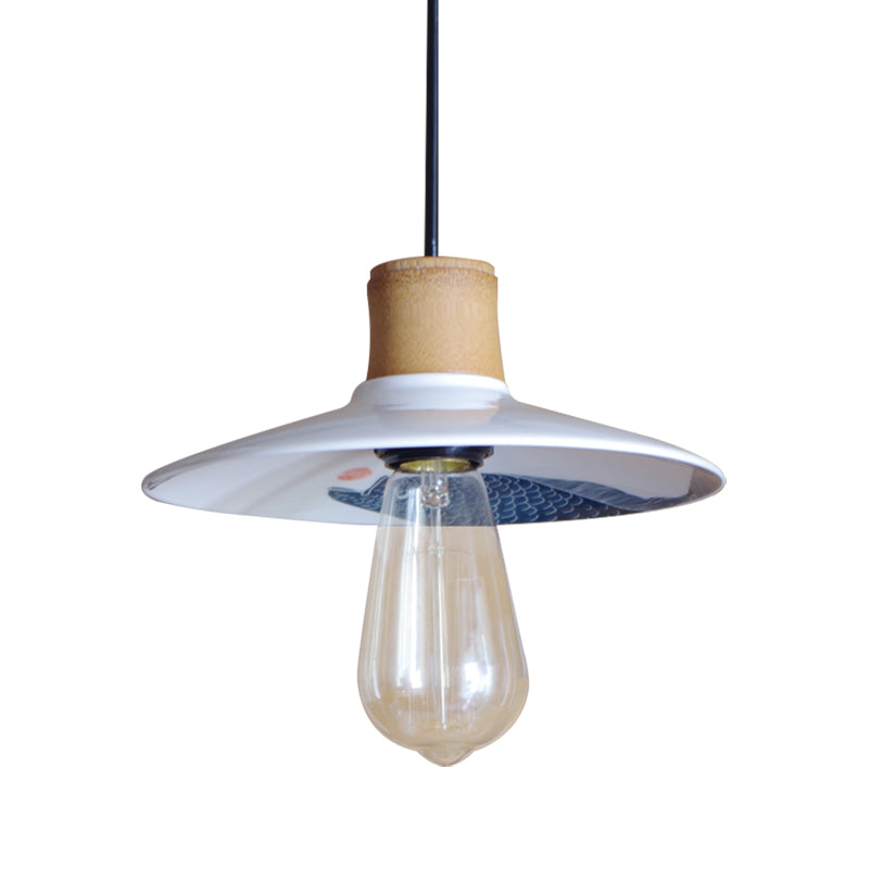 Ceramic and Wood White Pendant Lamp Saucer 1 Light Contemporary Style Hanging Light with Fish Pattern, 8.5"/10.5" W Clearhalo 'Art Deco Pendants' 'Cast Iron' 'Ceiling Lights' 'Ceramic' 'Crystal' 'Industrial Pendants' 'Industrial' 'Metal' 'Middle Century Pendants' 'Pendant Lights' 'Pendants' 'Tiffany' Lighting' 142468