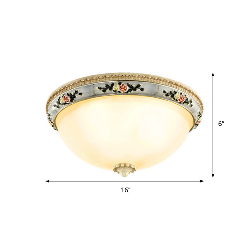 2/3-Head Dome Flush Mount Countryside Opal Glass Grey Ceiling Light Fixture with Floral Trim Decor, 14"/16"/18" Wide Clearhalo 'Ceiling Lights' 'Close To Ceiling Lights' 'Close to ceiling' 'Flush mount' Lighting' 1425317