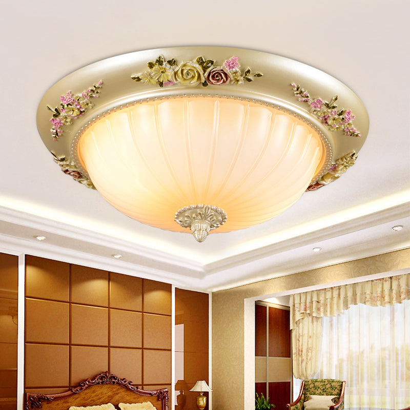 Beige 2/3-Head Flush Light Farmhouse Fluted Glass Domed Ceiling Lighting, 12.5"/14.5"/19" Width Beige Clearhalo 'Ceiling Lights' 'Close To Ceiling Lights' 'Close to ceiling' 'Flush mount' Lighting' 1425325
