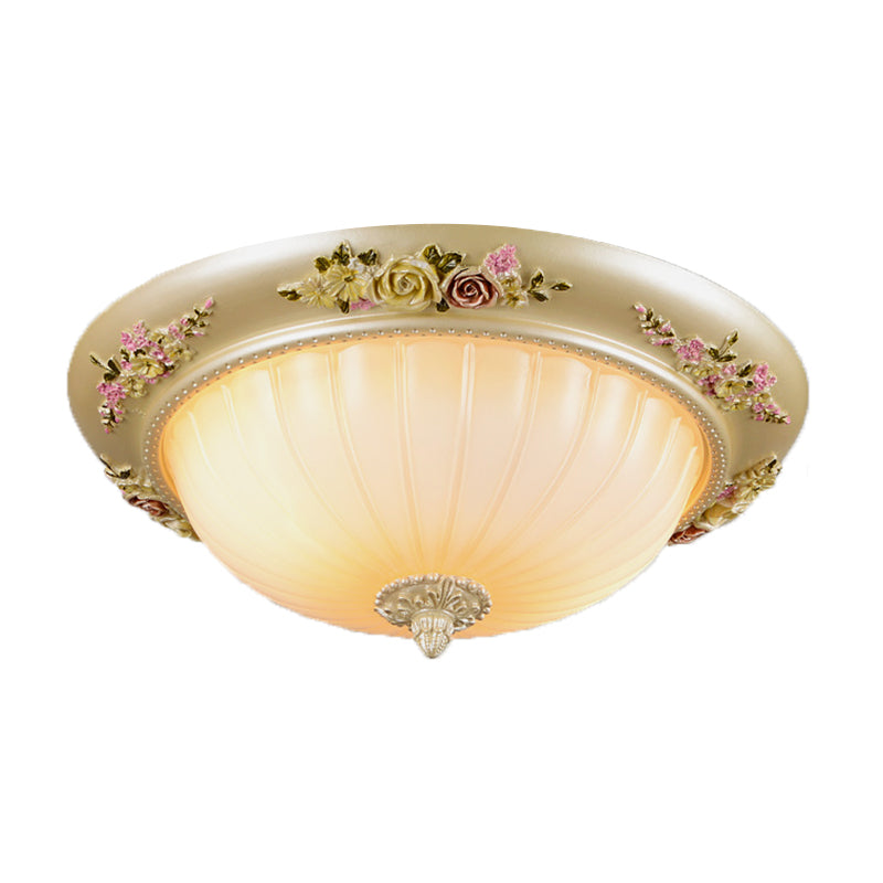 Beige 2/3-Head Flush Light Farmhouse Fluted Glass Domed Ceiling Lighting, 12.5"/14.5"/19" Width Clearhalo 'Ceiling Lights' 'Close To Ceiling Lights' 'Close to ceiling' 'Flush mount' Lighting' 1425327
