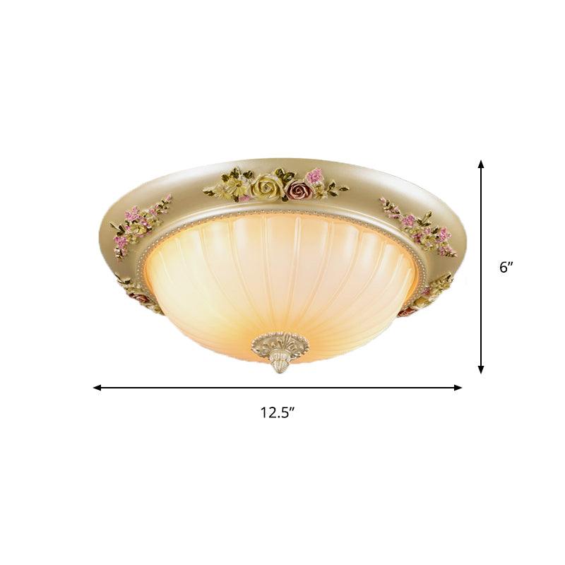 Beige 2/3-Head Flush Light Farmhouse Fluted Glass Domed Ceiling Lighting, 12.5"/14.5"/19" Width Clearhalo 'Ceiling Lights' 'Close To Ceiling Lights' 'Close to ceiling' 'Flush mount' Lighting' 1425328