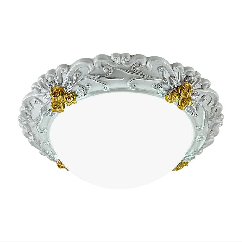 Milky Glass Semi-Orb Ceiling Fixture Traditional LED Corridor Flush Mount Lighting with Floral Edge in White and Gold/Brown Clearhalo 'Ceiling Lights' 'Close To Ceiling Lights' 'Close to ceiling' 'Flush mount' Lighting' 1425332