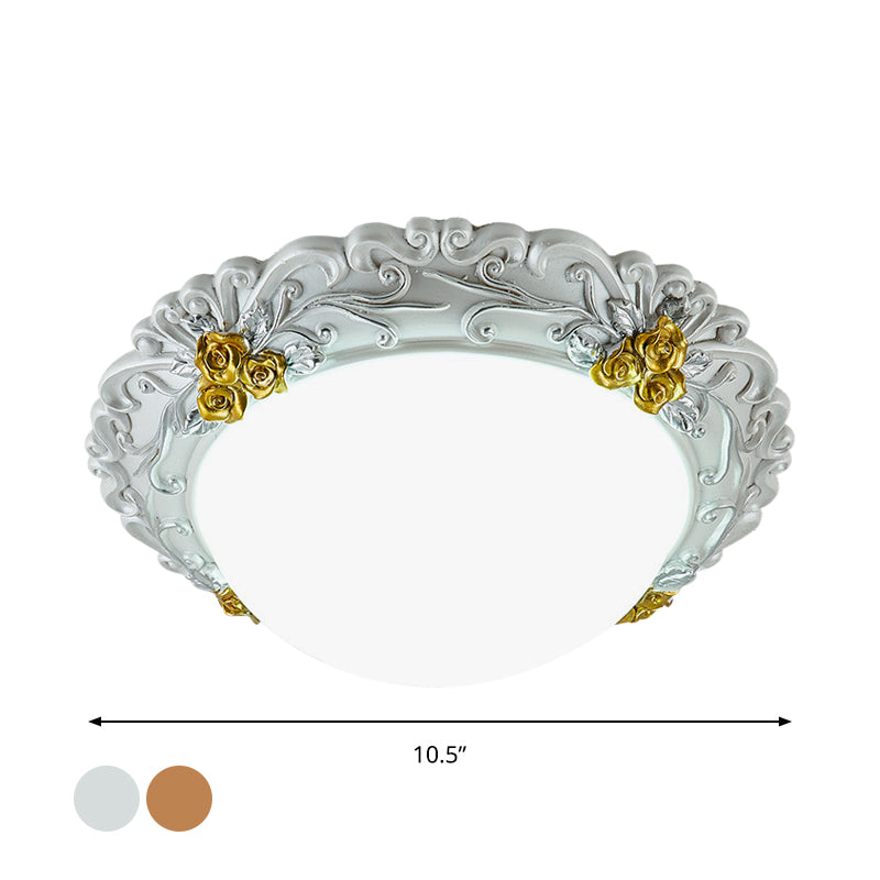 Milky Glass Semi-Orb Ceiling Fixture Traditional LED Corridor Flush Mount Lighting with Floral Edge in White and Gold/Brown Clearhalo 'Ceiling Lights' 'Close To Ceiling Lights' 'Close to ceiling' 'Flush mount' Lighting' 1425334