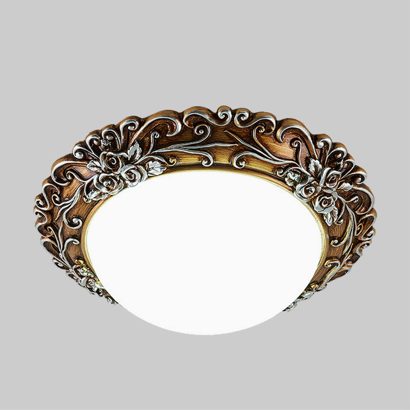 Milky Glass Semi-Orb Ceiling Fixture Traditional LED Corridor Flush Mount Lighting with Floral Edge in White and Gold/Brown Clearhalo 'Ceiling Lights' 'Close To Ceiling Lights' 'Close to ceiling' 'Flush mount' Lighting' 1425338