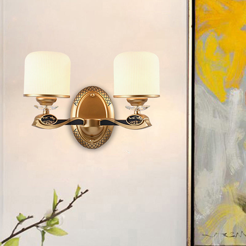 Gold Cylinder Wall Lighting Retro Style Ribbed Glass 1/2 Bulbs Bedside Wall Sconce Light 2.0 Gold Clearhalo 'Wall Lamps & Sconces' 'Wall Lights' Lighting' 1425396