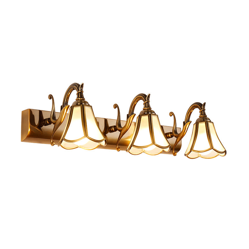 Flower Bathroom Vanity Lighting Rustic Style White Glass 2/3/4 Bulbs Gold Wall Mounted Light Fixture Clearhalo 'Vanity Lights' 'Wall Lights' Lighting' 1425467