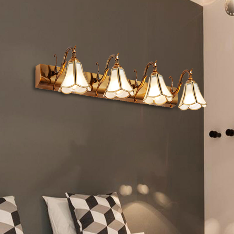 Flower Bathroom Vanity Lighting Rustic Style White Glass 2/3/4 Bulbs Gold Wall Mounted Light Fixture 4.0 Gold Clearhalo 'Vanity Lights' 'Wall Lights' Lighting' 1425470