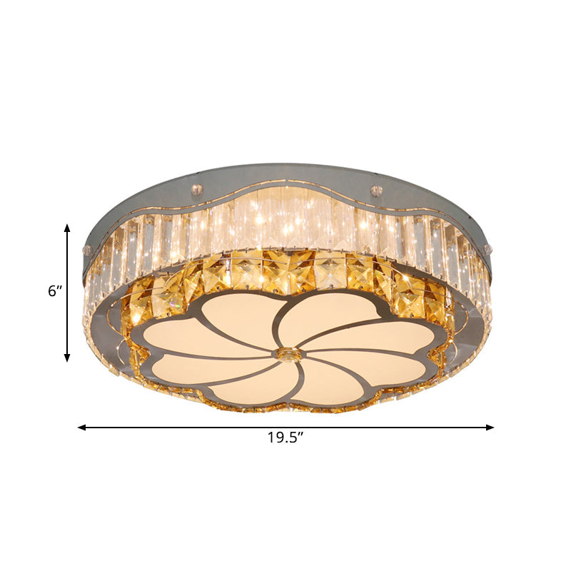 LED Clear Crystal Blocks Flushmount Contemporary Stainless-Steel Drum Parlor Ceiling Lamp with Windmill Pattern Clearhalo 'Ceiling Lights' 'Close To Ceiling Lights' 'Close to ceiling' 'Flush mount' Lighting' 1425695