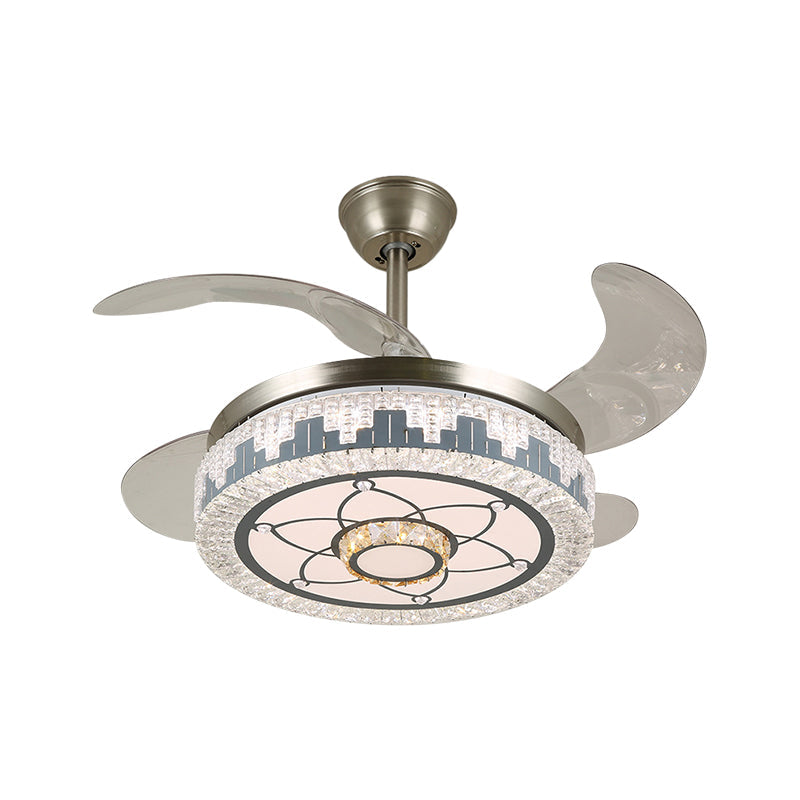 Stainless-Steel LED Hanging Fan Lamp Modern Clear Crystal Blocks Round Semi Flush Light with 4 Blades, 19" Width Clearhalo 'Ceiling Fans with Lights' 'Ceiling Fans' 'Modern Ceiling Fans' 'Modern' Lighting' 1426152