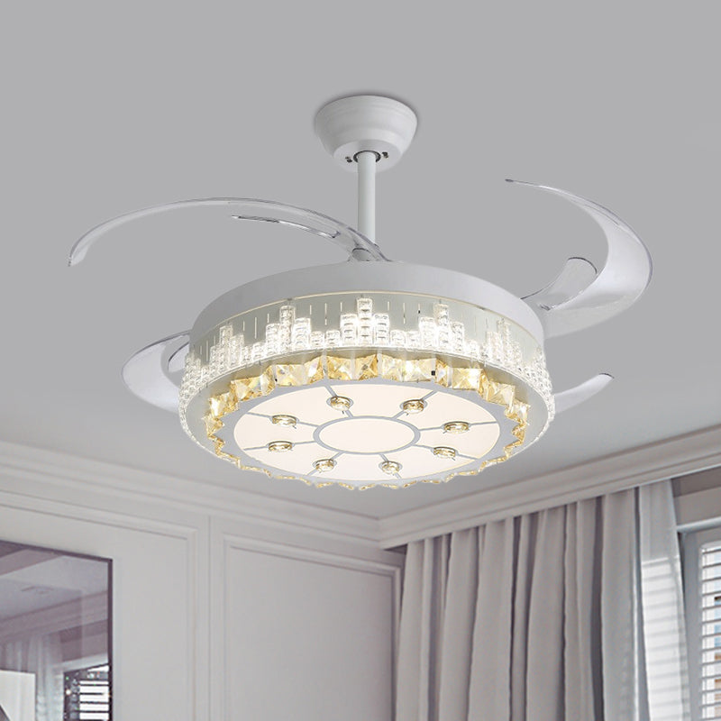 4 Blades LED Pendant Fan Lamp Contemporary Circular Clear Crystal Blocks Semi Flush Mount, 19" Width White B Clearhalo 'Ceiling Fans with Lights' 'Ceiling Fans' 'Modern Ceiling Fans' 'Modern' Lighting' 1426204