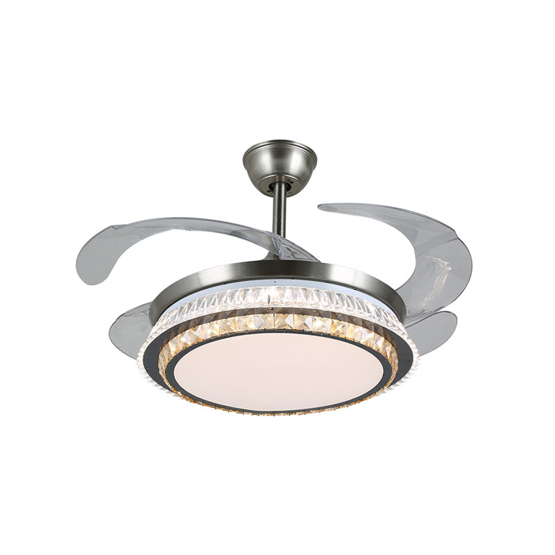 19" Width LED Semi Flush Mount Contemporary Round Clear Crystal Blocks 4 Blades Pendant Fan Lamp in Stainless-Steel with Rhombus/Six-Pointed Star Pattern Clearhalo 'Ceiling Fans with Lights' 'Ceiling Fans' 'Modern Ceiling Fans' 'Modern' Lighting' 1426238