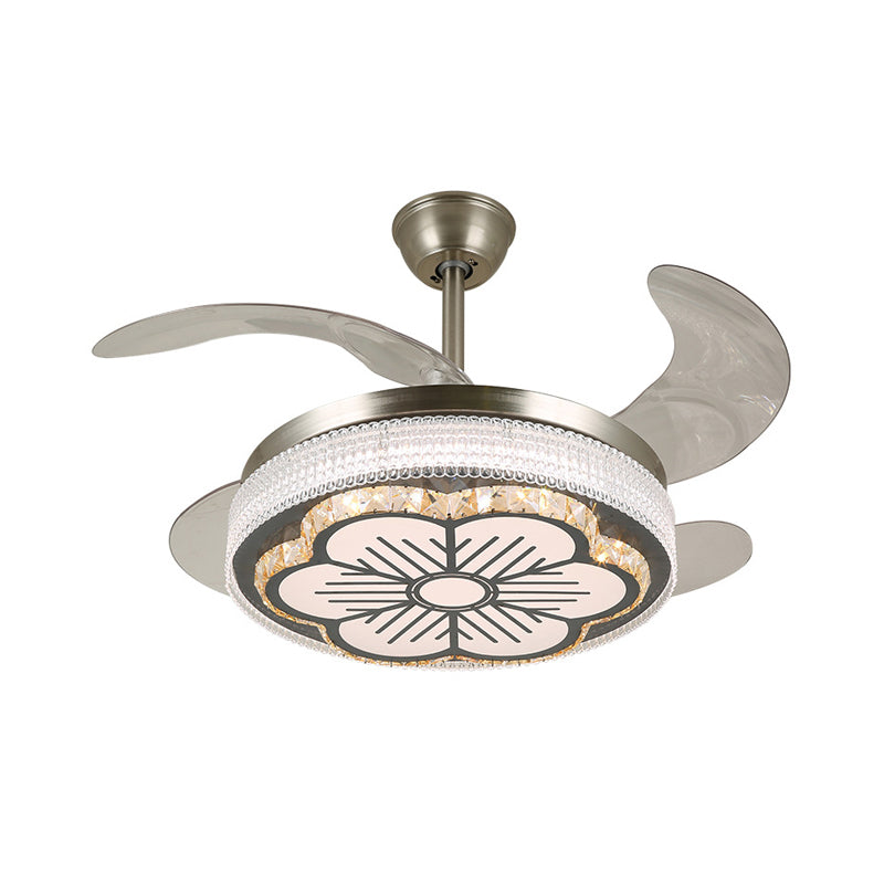 Stainless-Steel LED Semi Flush Light Contemporary Crystal Blocks Circular 4 Blades Ceiling Fan Lamp, 19" Width Clearhalo 'Ceiling Fans with Lights' 'Ceiling Fans' 'Modern Ceiling Fans' 'Modern' Lighting' 1426286