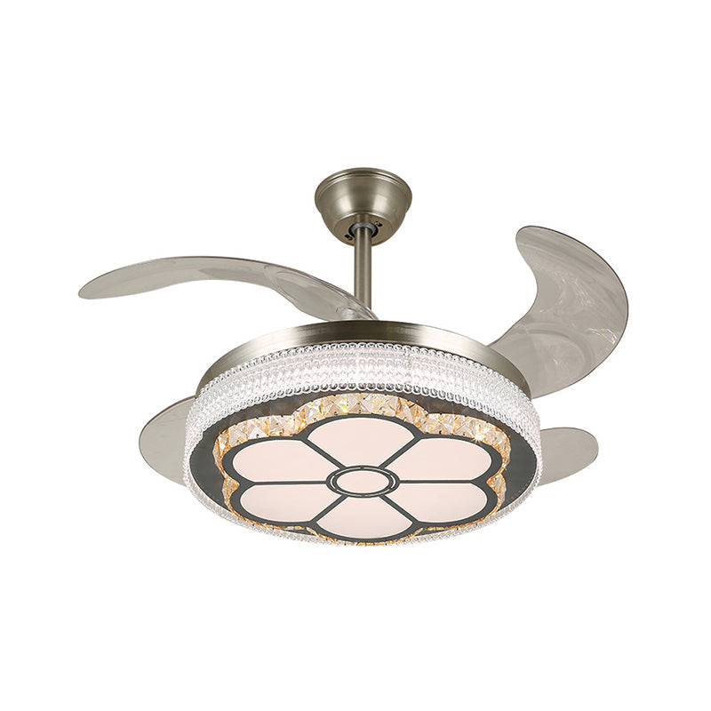 Stainless-Steel LED Semi Flush Light Contemporary Crystal Blocks Circular 4 Blades Ceiling Fan Lamp, 19" Width Clearhalo 'Ceiling Fans with Lights' 'Ceiling Fans' 'Modern Ceiling Fans' 'Modern' Lighting' 1426290