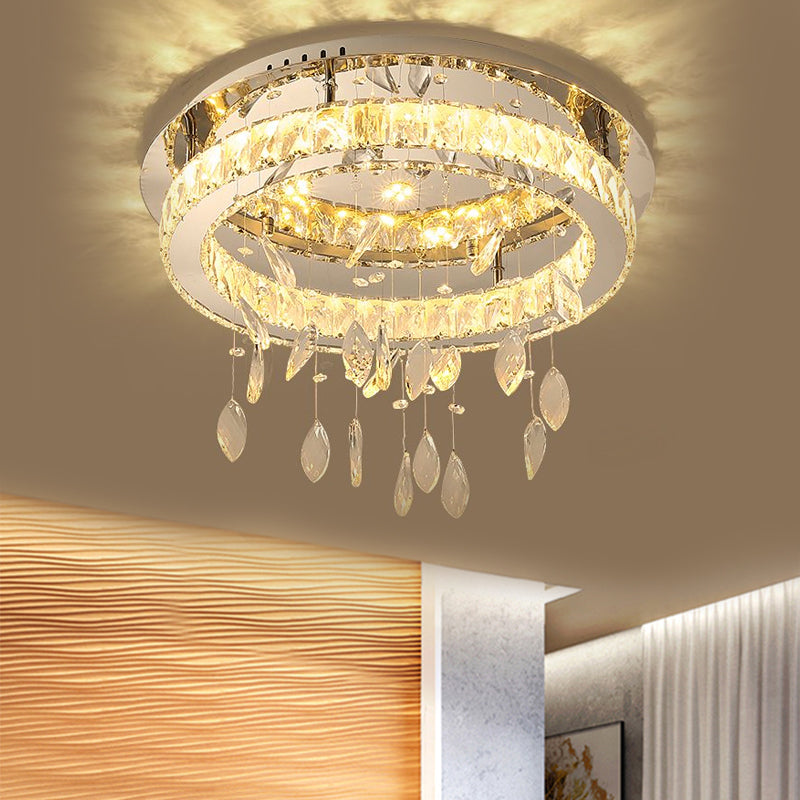 LED Ring Semi Flush Contemporary Stainless-Steel Clear Rectangular-Cut Crystals Ceiling Mount with Leaf Droplet Stainless-Steel Clearhalo 'Ceiling Lights' 'Close To Ceiling Lights' 'Close to ceiling' 'Semi-flushmount' Lighting' 1426373