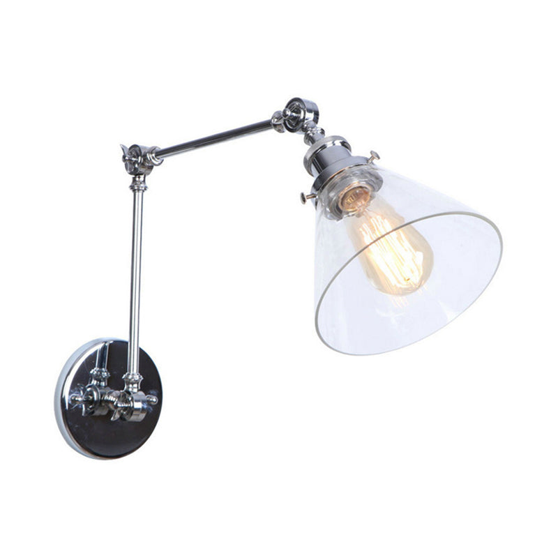 1 Light Tapered Sconce Light Fixture Vintage Style Satin Brass/Chrome/Antique Brass Clear Glass Wall Lamp for Living Room Clearhalo 'Art deco wall lights' 'Cast Iron' 'Glass' 'Industrial wall lights' 'Industrial' 'Middle century wall lights' 'Modern' 'Rustic wall lights' 'Tiffany' 'Traditional wall lights' 'Wall Lamps & Sconces' 'Wall Lights' Lighting' 142639