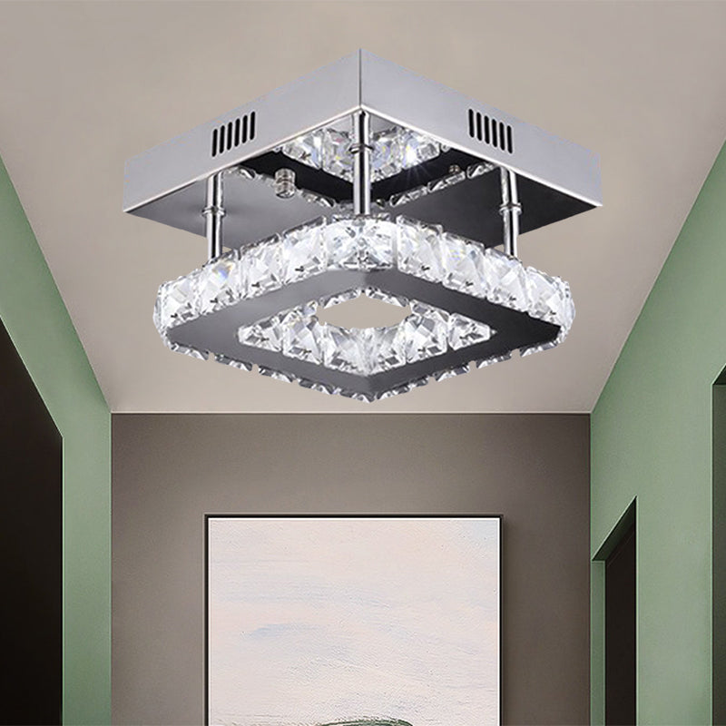LED Square Ceiling Lamp Modern Gold/Stainless-Steel Clear Faceted Crystal Blocks Semi Flush Mount in White/Warm Light Stainless-Steel Clearhalo 'Ceiling Lights' 'Close To Ceiling Lights' 'Close to ceiling' 'Semi-flushmount' Lighting' 1426496