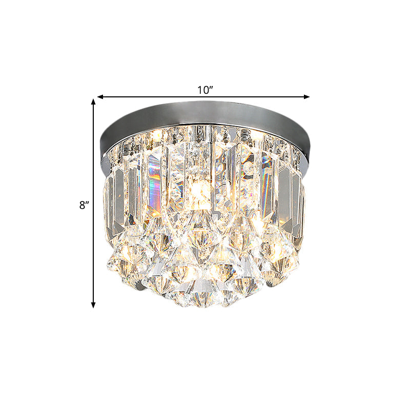 Silver Drum Flush Mount Modern Clear Crystal Prisms and Draping 3/4 Heads Corridor Lighting Fixture, 10"/14" Wide Clearhalo 'Ceiling Lights' 'Close To Ceiling Lights' 'Close to ceiling' 'Flush mount' Lighting' 1426552