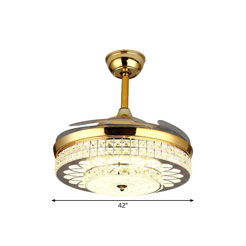 Gold Finish 42" Wide LED Semi Flush Contemporary Clear Crystal Blocks Drum Ceiling Fan Light with 3 Blades Clearhalo 'Ceiling Fans with Lights' 'Ceiling Fans' 'Modern Ceiling Fans' 'Modern' Lighting' 1426829