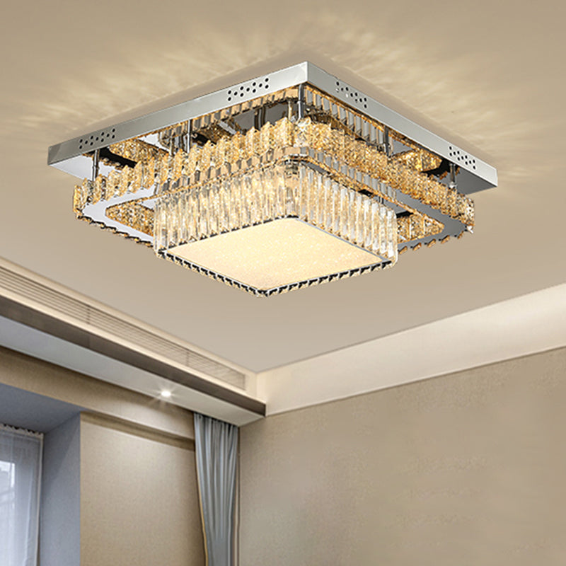 Chrome Round/Square Ceiling Lighting Contemporary Crystal Block LED Flush-Mount Light Fixture Chrome Square Plate Clearhalo 'Ceiling Lights' 'Close To Ceiling Lights' 'Close to ceiling' 'Flush mount' Lighting' 1427395