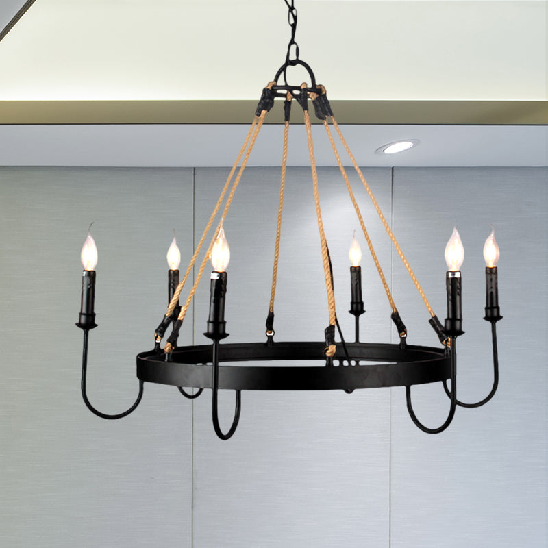 Vintage Candle Chandelier Lamp with Open Bulb 6 Heads Metal and Rope Ceiling Pendant Lamp in Black/Rust for Restaurant 6 Black Clearhalo 'Cast Iron' 'Ceiling Lights' 'Chandeliers' 'Industrial Chandeliers' 'Industrial' 'Metal' 'Middle Century Chandeliers' 'Rustic Chandeliers' 'Tiffany' Lighting' 1429397