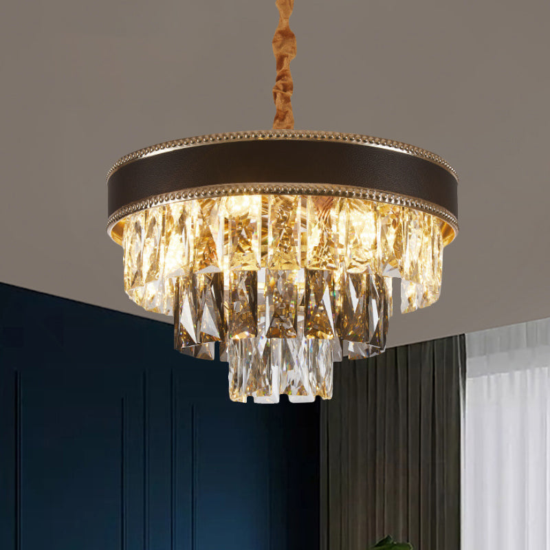 Tapered Suspension Pendant Light Modern Crystal Rectangle 6/9 Bulbs 14"/21.5" Wide Black Hanging Chandelier Clear 14" Clearhalo 'Ceiling Lights' 'Chandeliers' 'Clear' 'Industrial' 'Modern Chandeliers' 'Modern' 'Tiffany' 'Traditional Chandeliers' Lighting' 1430936