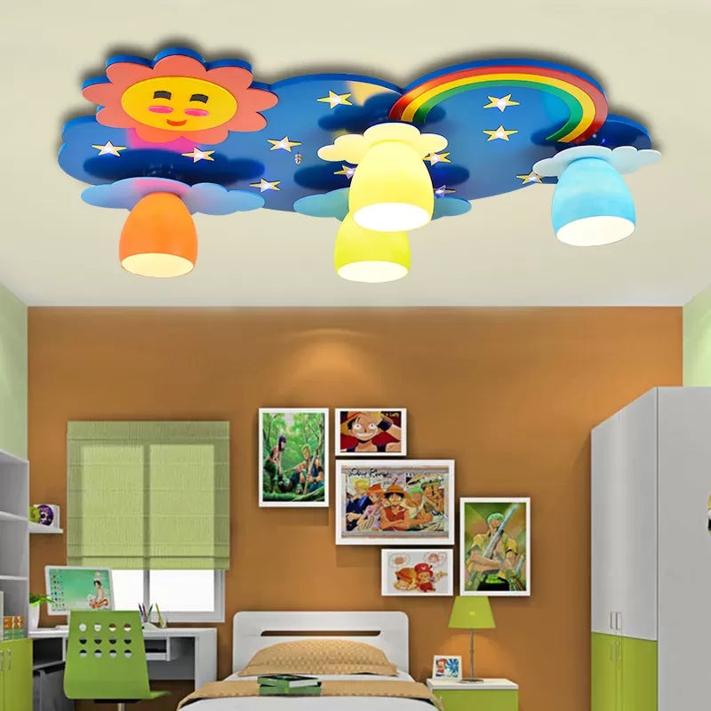 Kids Sun & Rainbow Flush Mount Light Wood Multi-Color Ceiling Lamp for Child Bedroom Clearhalo 'Ceiling Lights' 'Close To Ceiling Lights' 'Close to ceiling' 'Flush mount' Lighting' 14310