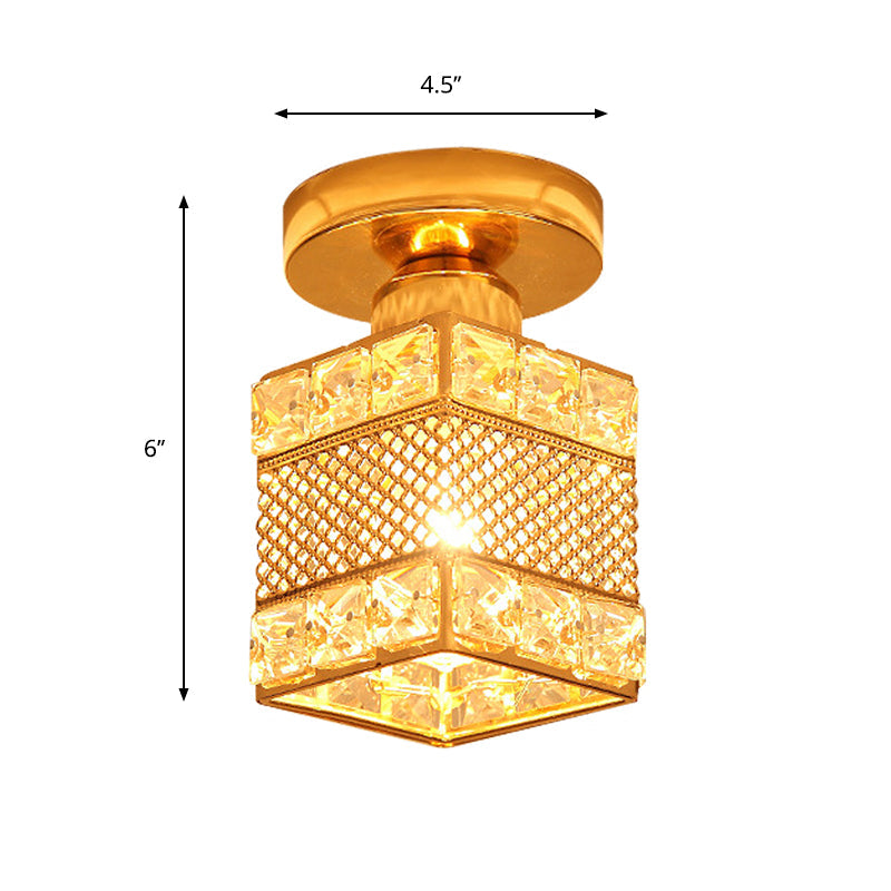 1 Head Balcony Semi Mount Lighting Modern Gold Close to Ceiling Lighting with Globe/Square/Lantern Clear Crystal Shade Clearhalo 'Ceiling Lights' 'Close To Ceiling Lights' 'Close to ceiling' 'Semi-flushmount' Lighting' 1431004