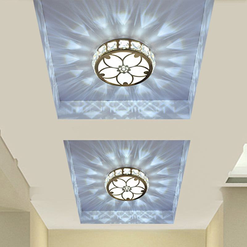 Circle Flush Mount Fixture Contemporary Clear Crystal Block LED Gold Ceiling Lamp for Corridor, Warm/White/Multi Color Light Clear B Clearhalo 'Ceiling Lights' 'Close To Ceiling Lights' 'Close to ceiling' 'Flush mount' Lighting' 1431029