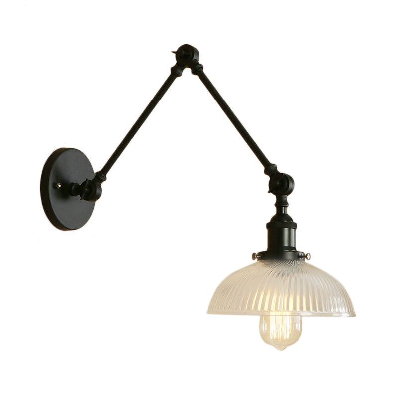 1 Light Ribbed Glass Wall Sconce Light Industrial Antique Brass/Black/Rust Dome Living Room Lighting Fixture with Swing Arm Clearhalo 'Cast Iron' 'Glass' 'Industrial wall lights' 'Industrial' 'Middle century wall lights' 'Modern' 'Tiffany' 'Traditional wall lights' 'Wall Lamps & Sconces' 'Wall Lights' Lighting' 143108