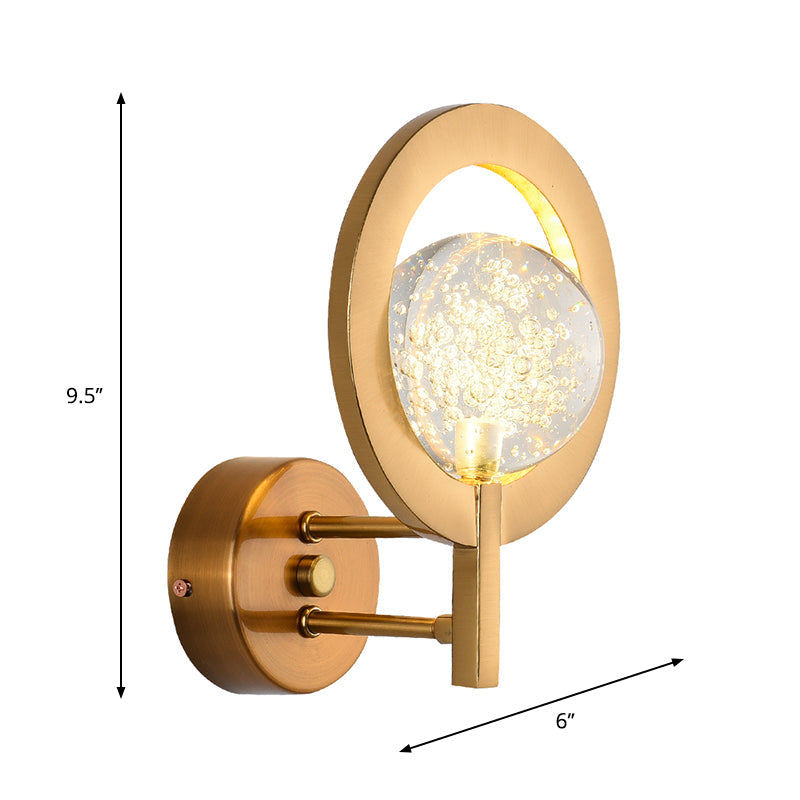 Globe Clear Crystal Wall Mount Lamp Modern Style LED Gold Wall Light Fixture with Ring Frame Clearhalo 'Modern wall lights' 'Modern' 'Wall Lamps & Sconces' 'Wall Lights' Lighting' 1431090