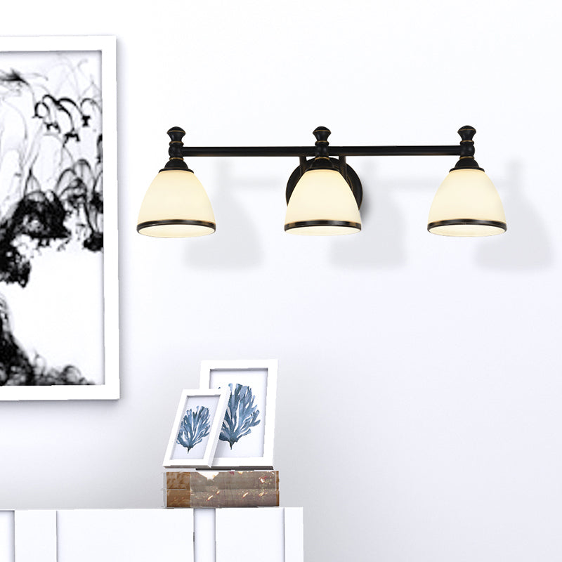 Milky Glass Black Vanity Sconce Tapered 2/3 Lights Retro Style Wall Lighting Idea for Shower Room 3.0 Black Clearhalo 'Vanity Lights' 'Wall Lights' Lighting' 1431156